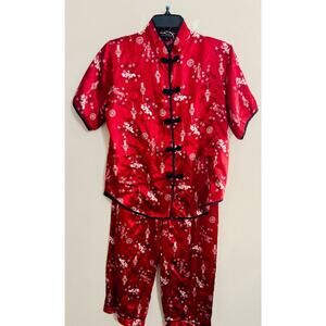 Alexander Del Rossa Short Sleeve Pajama Top Pant Set Sm Red Oriental Satin